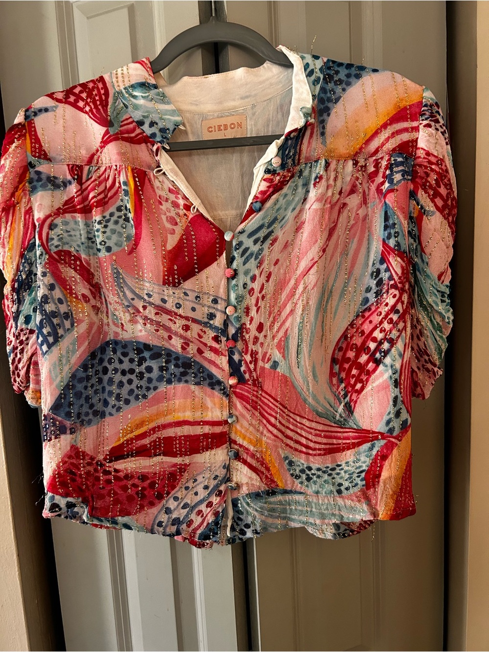 Cielon Multicolor Button-Front Blouse in Pink & Blue